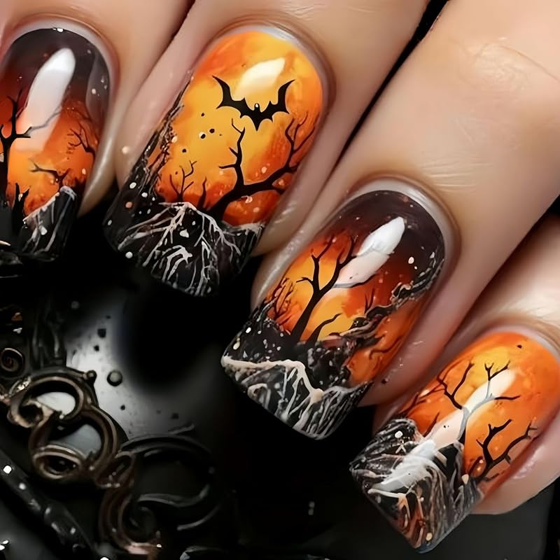 Press on Nails Halloween Square French Tip Fake Nails Mummy and Cobweb Designs Stick on Nail Nude Color Acrylic Nail Halloween Glue on Nails Full