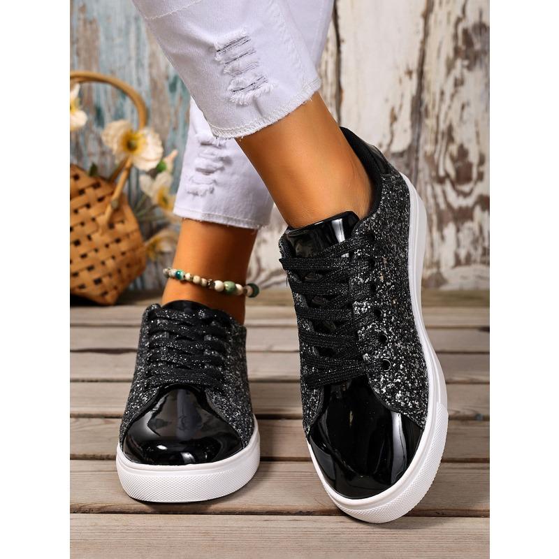 2025 Summer New Arrival Plus Size Sequined Front Lace-Up Solid Color Oversized Sneakers