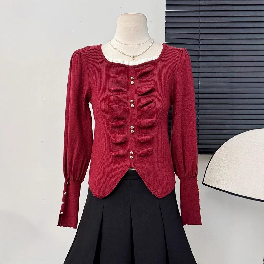 

Свитер с квадратным вырезом и оборками, базовый слой, женский, осень-зима, премиум, уникальный, модный вязаный топ One Size красный