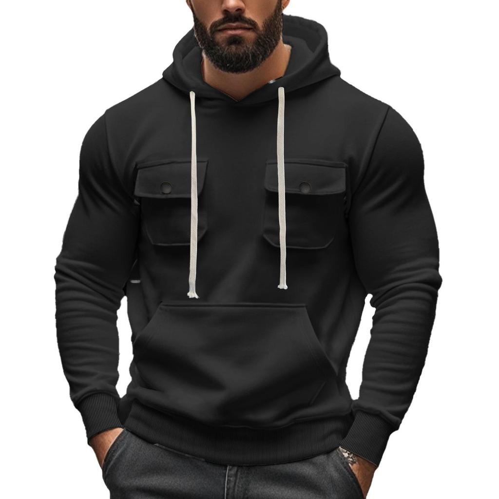Men's American Style Heavyweight Plus Velvet Hooded Outdoor Workwear Sweatshirt - Multi-Pocket, Long Sleeve, Autumn/Winter Warmth