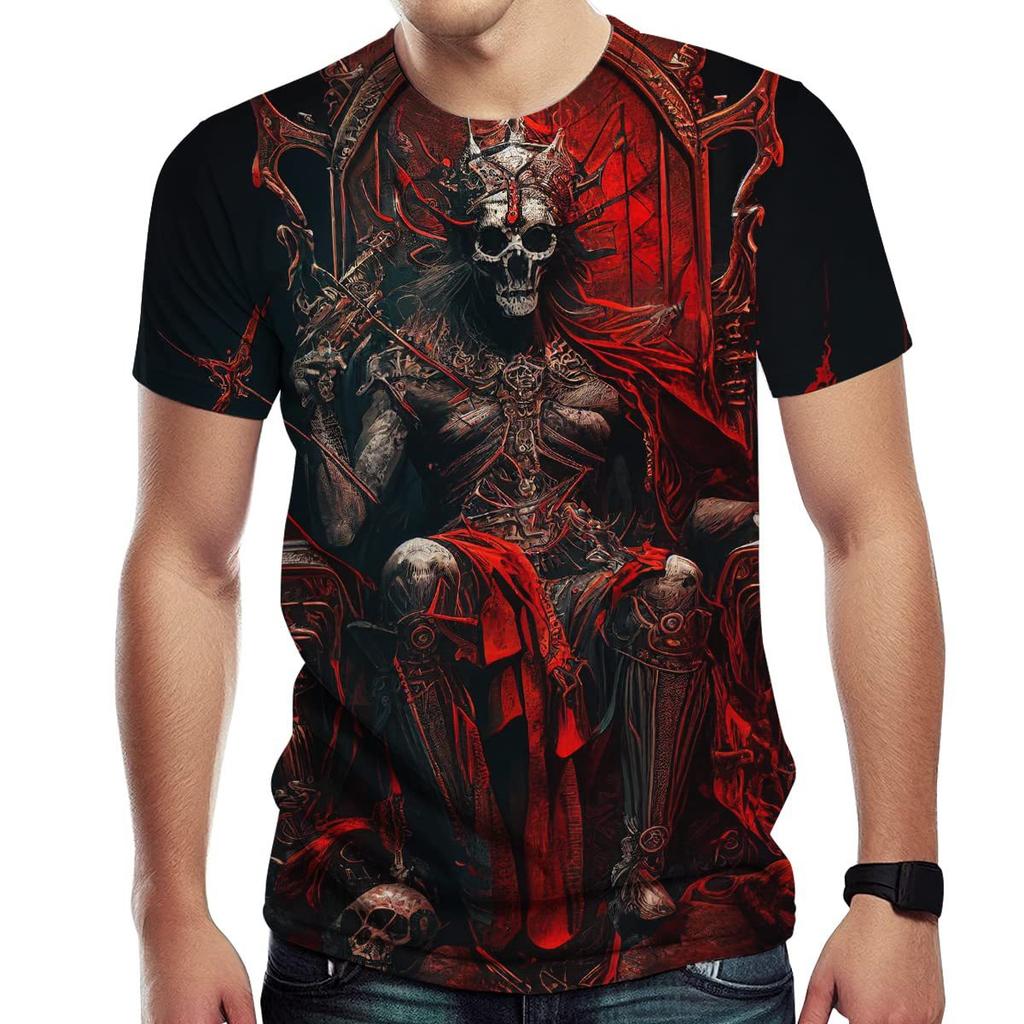 Summer Round Neck 3D Gothic Skeleton King Graphic Print T-shirts Fashionable Casual Short Sleeved Men's T-shirts