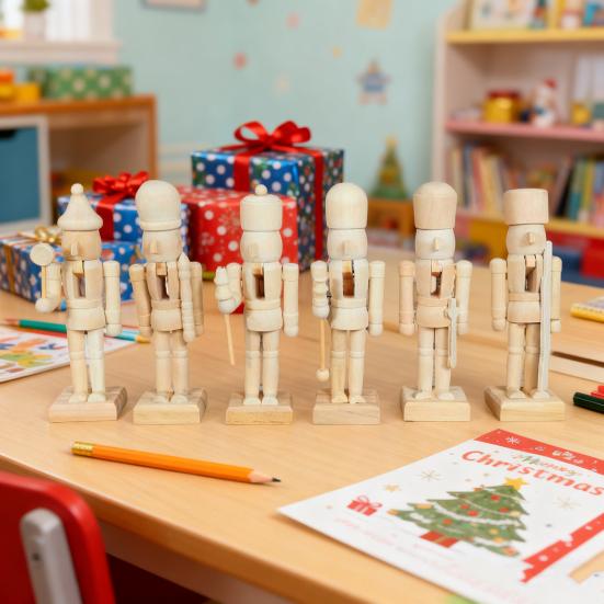 6Pcs Unfinished Christmas Nutcrackers 5 Inch Wooden Nutcracker Figurines DIY Nutcracker Soldier Figures Xmas Craft Project for Holiday Decorations