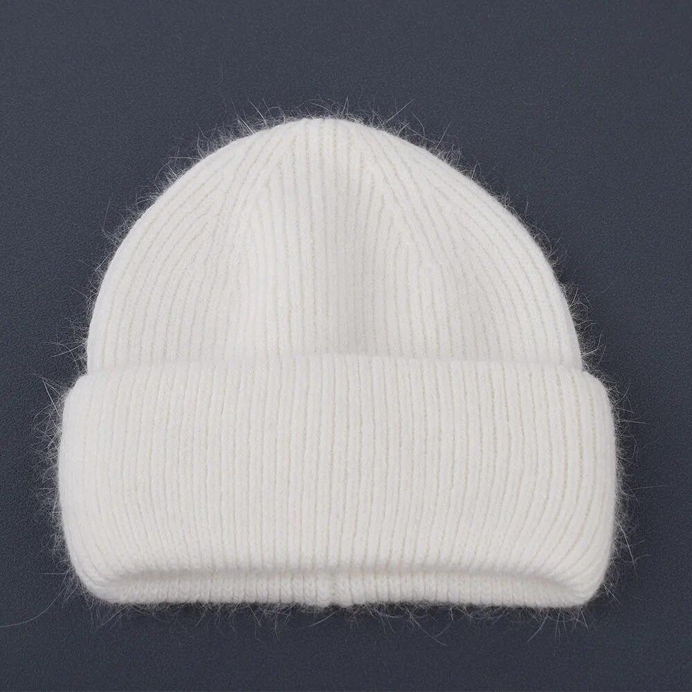 Winter Real Rabbit Fur Knitted Beanies For Women Fashion Solid Warm Cashmere Wool Skullies Beanies Female Fold Thick Hats