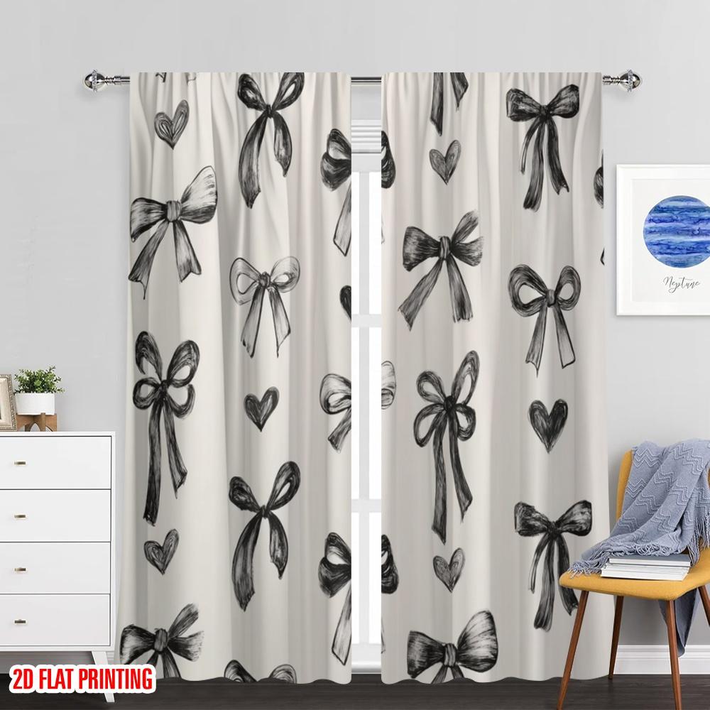 Flat Printing Window Curtains Black Bow Durable Polyester Without Electricity Family Party Classroom Office Curtain Set Of 2 Made Washable Ready