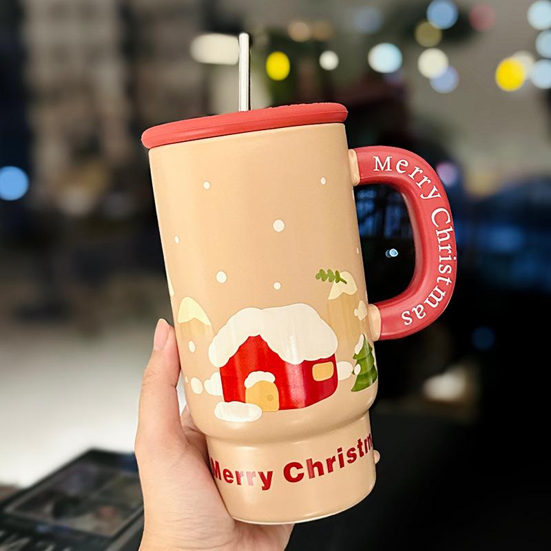 

Рождественская керамическая кружка с крышкой, большая емкость, бытовая соломенная чашка, креативный рождественский подарок, сувенир 800ml