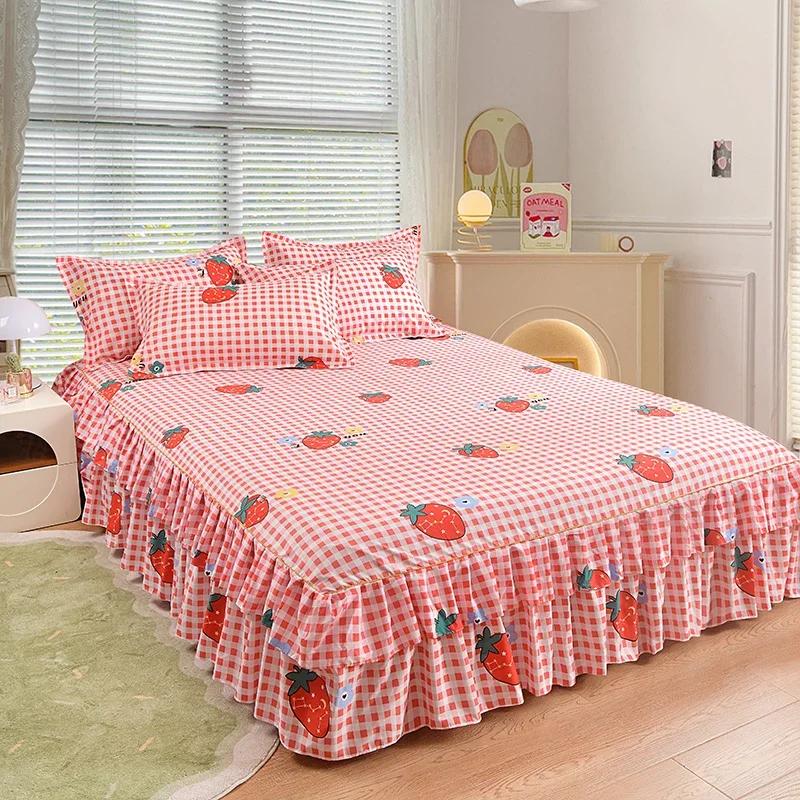 Nordic Floral Queen Bed Skirt Without Pillowcase Double Single Mattress Cover Anti-slip Full Size Adjustable Bedspread 360°Warp