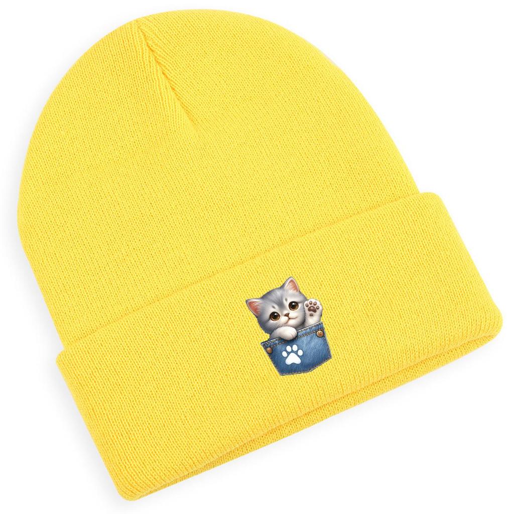 Pocket Cute Cat Print Knit Cap Beanie, Print Pompom Beanies Hip Hop Versatile Elastic Slouchy Knitted Cap Beanie