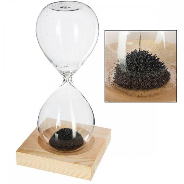 Magnetic Hourglass Sculpture Iron Filings Wooden Base Magnet