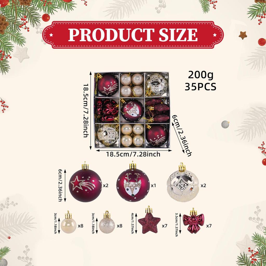 35 Pieces Christmas Ball Ornaments Set Tree Hanging with Star, Bowknot Shape