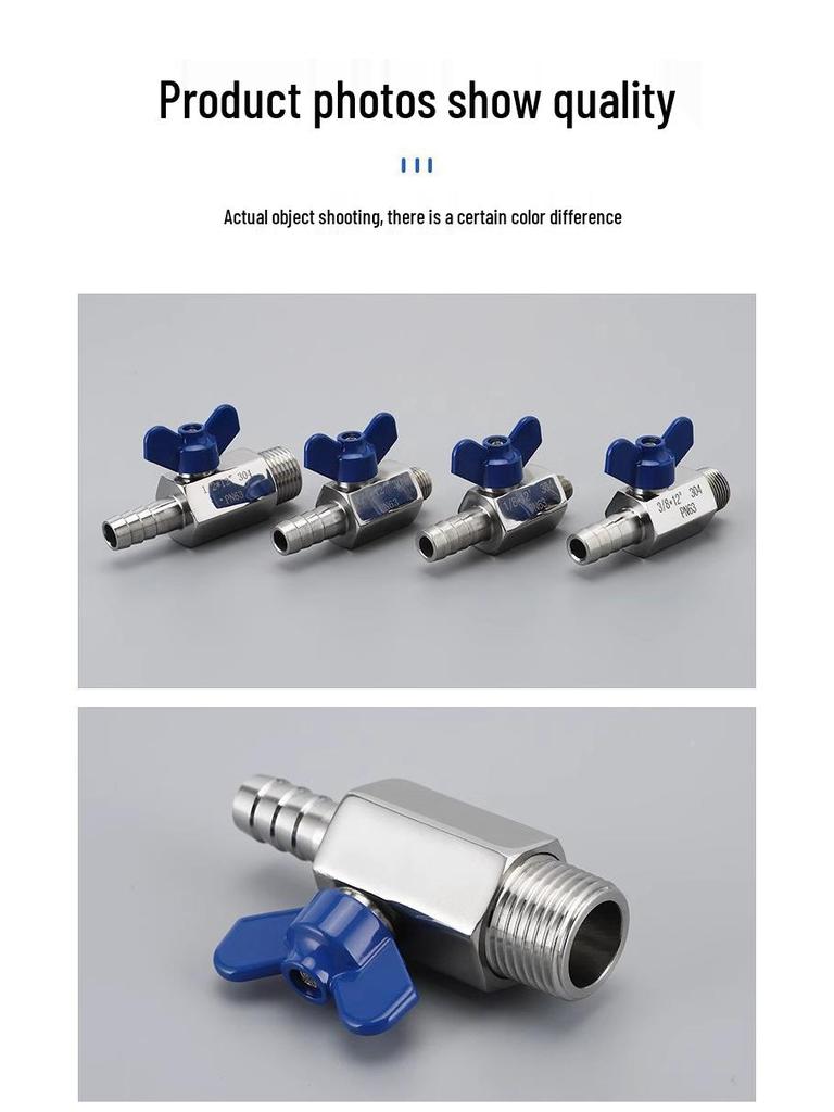 304 Stainless Steel Mini Ball Valve with Butterfly Handle, Internal/External Threads, High Pressure, 4-Way Pagoda Tube Connector.