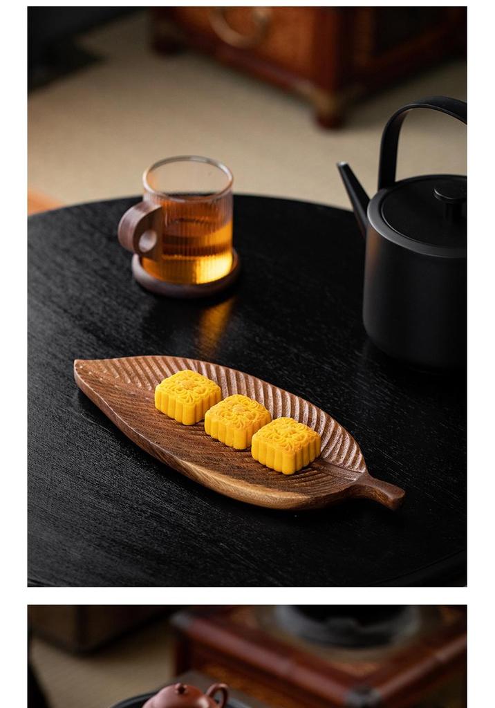 Walnut Leaf Wooden Tea Tray with Saucer & Snack Storage