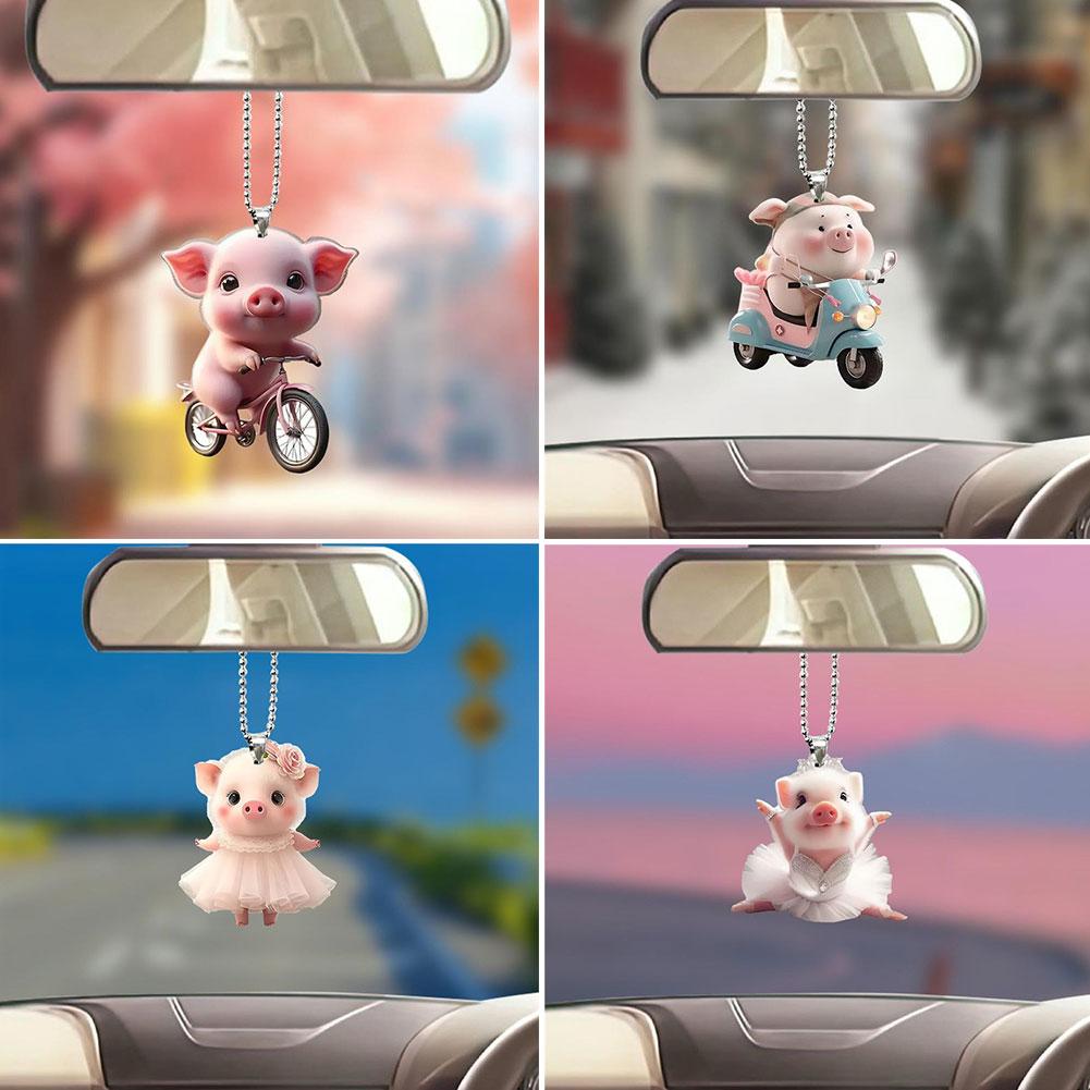 Süßes Rosa Schwein Auto Spiegel Hängendes Zubehör Lustiger Acryl Schweinchen Anhänger Für Rückspiegel Kawaii Tier Schlüsselanhänger & Tasche Cha E1R6