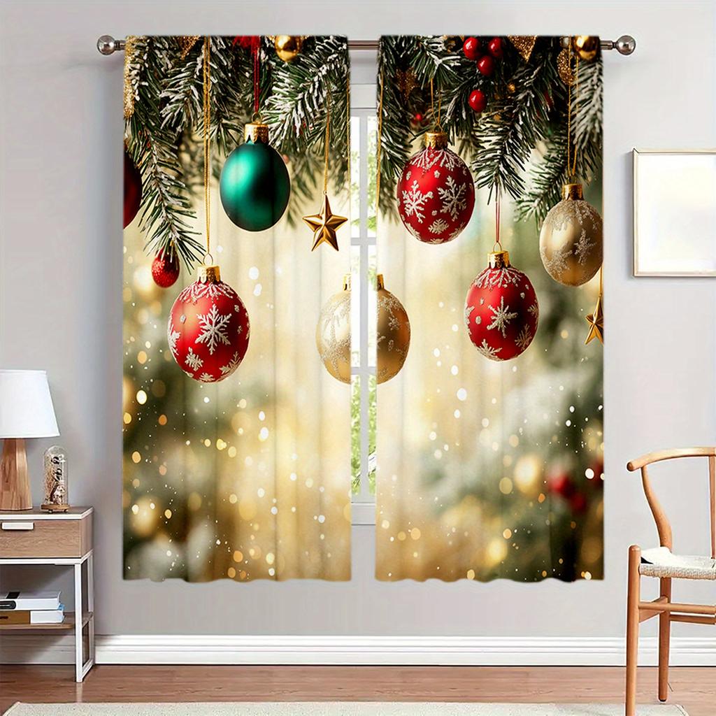 2pcs Luxurious Christmas Lights Print Curtains Set Semi-Sheer Polyester With Rod Pocket For Easy Hanging For Bedroom Living Room