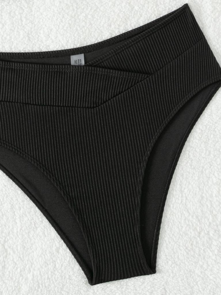 2024 Jednobarevné žebrované jednoramenné bikiny s vysokým pasem