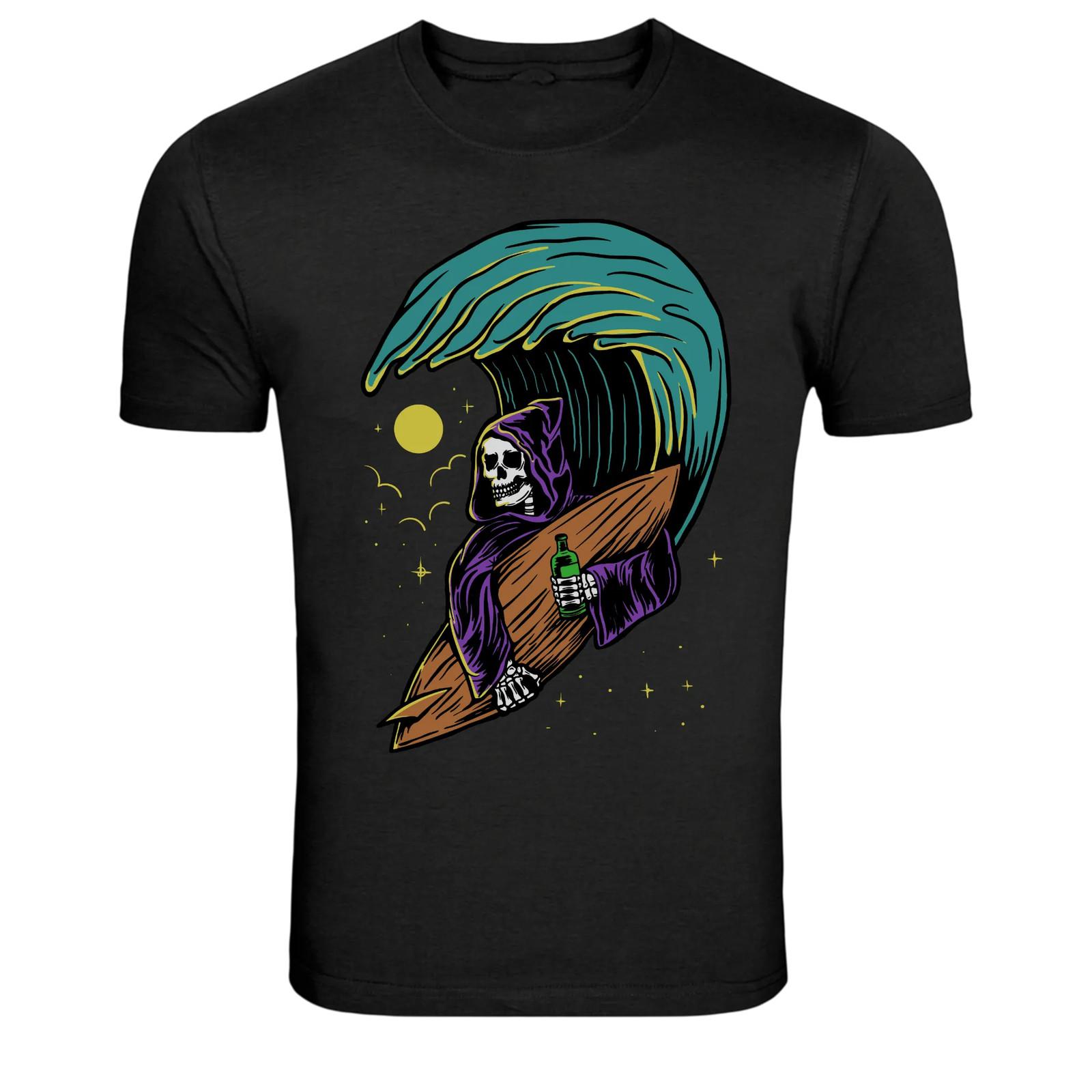 Grim Reaper Surfing Wave Skeleton Surfer Graphic T-Shirt S