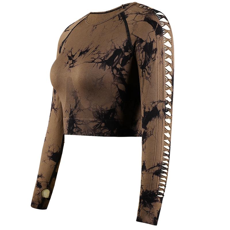 

Женские однотонные бесшовные топы для йоги с круглым вырезом и длинными рукавами, полые футболки, женская спортивная одежда S кофейный