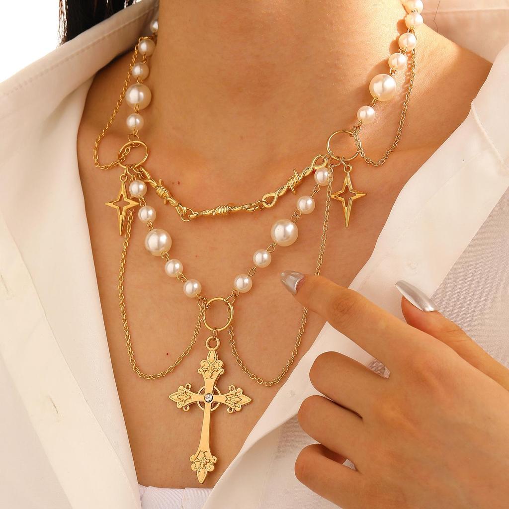 Women's Geometric Diamond Cross Necklace - European & American Punk Hip-Hop Style Choker