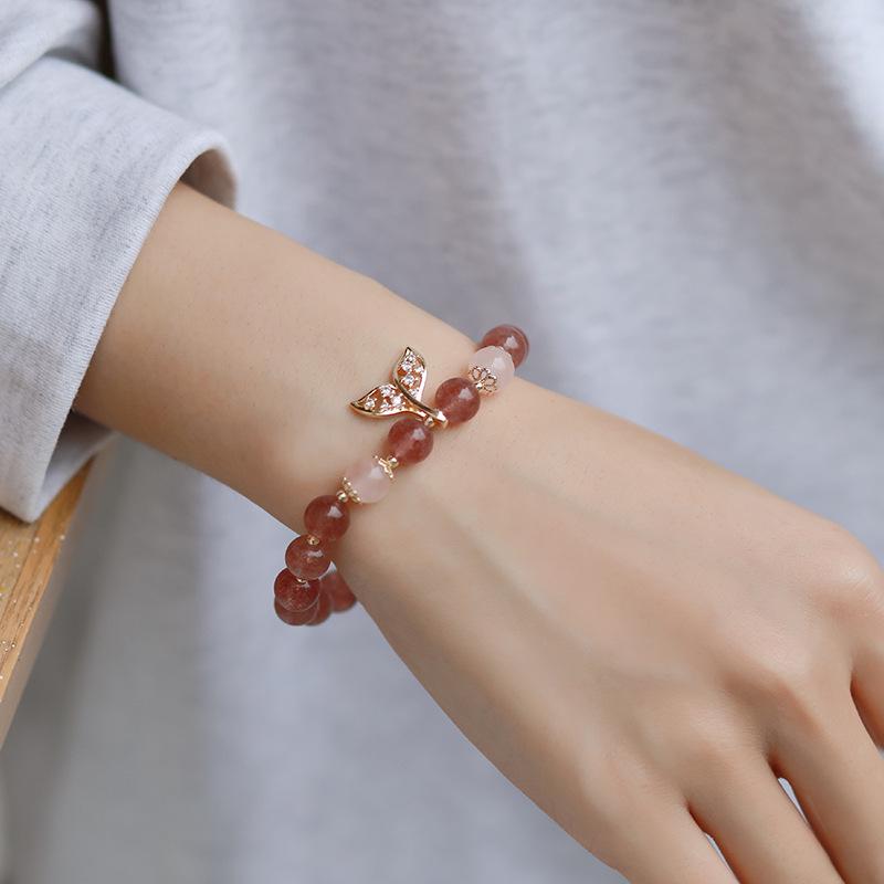 Women's 5A Grade Natural Strawberry Quartz Beaded Bracelet with Fishtail Charm - Cute & Sweet Crystal Jewelry