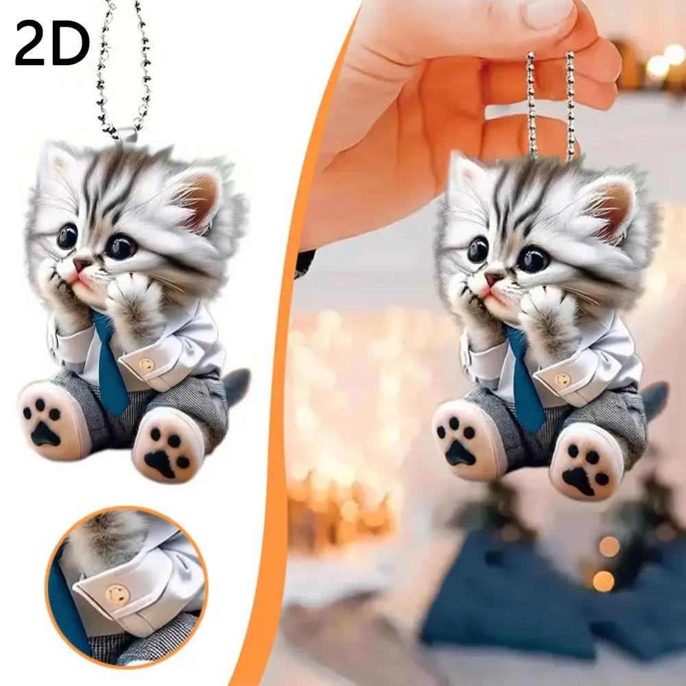 2D Cute Cat Rearview Mirror Decoration Pendant Backpack Keychain Decoration Pendant Realistic Animal Cat Hanging Ornament