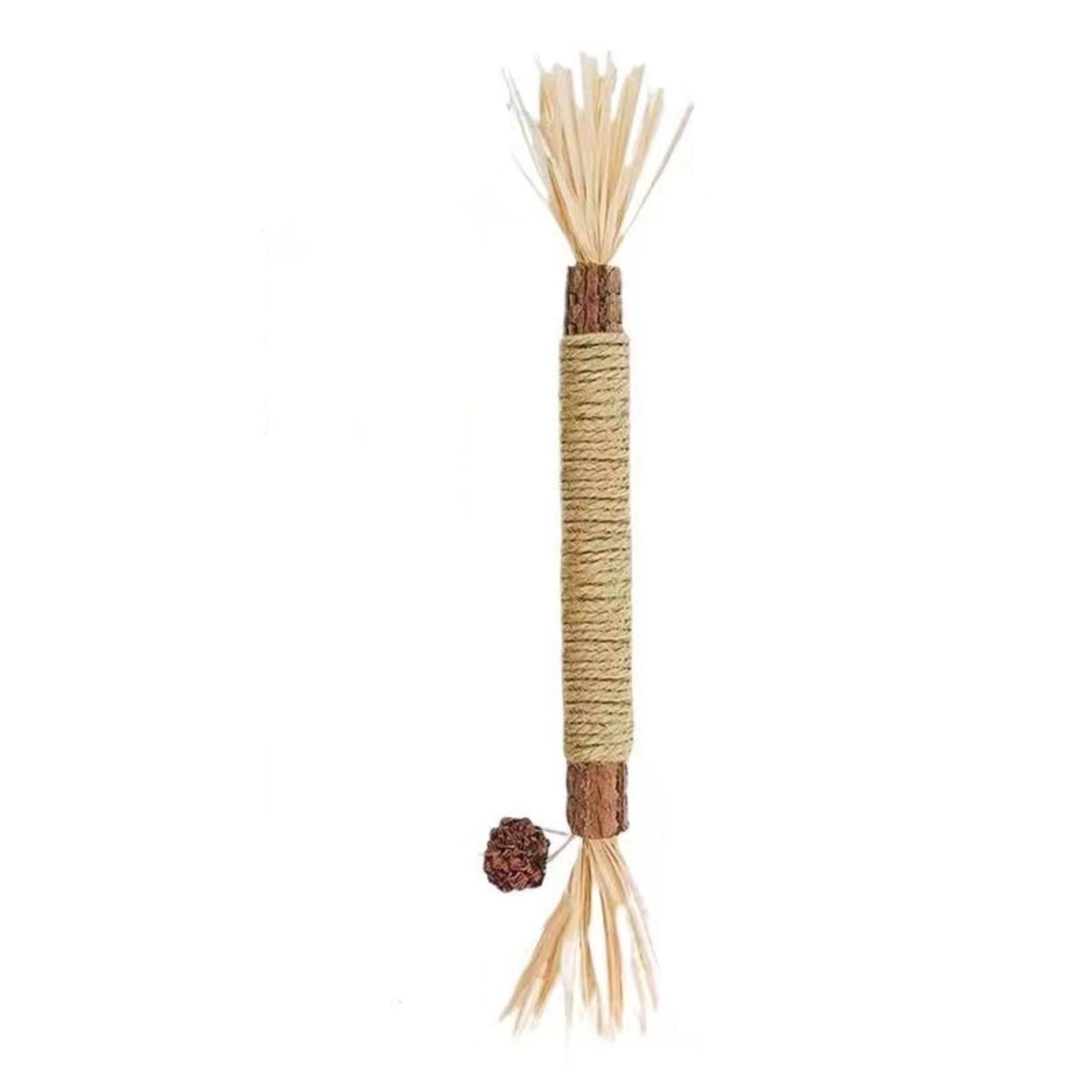 Natural Wood Cat Toy Stick with Silver Vine Wrapped Surface and Attached Pom Pom for Interactive Cat Play and Exercise One Size