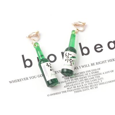 Korean Soju and Beer Bottle Green Glass Earrings - Playful, Quirky Design, Painless Clip-on