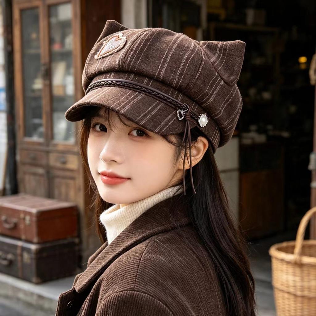New Contrasting Striped Plaid Versatile Octagonal Hat Women's Spring and Autumn Visor Cute Heart-shaped Cat Ears Beret