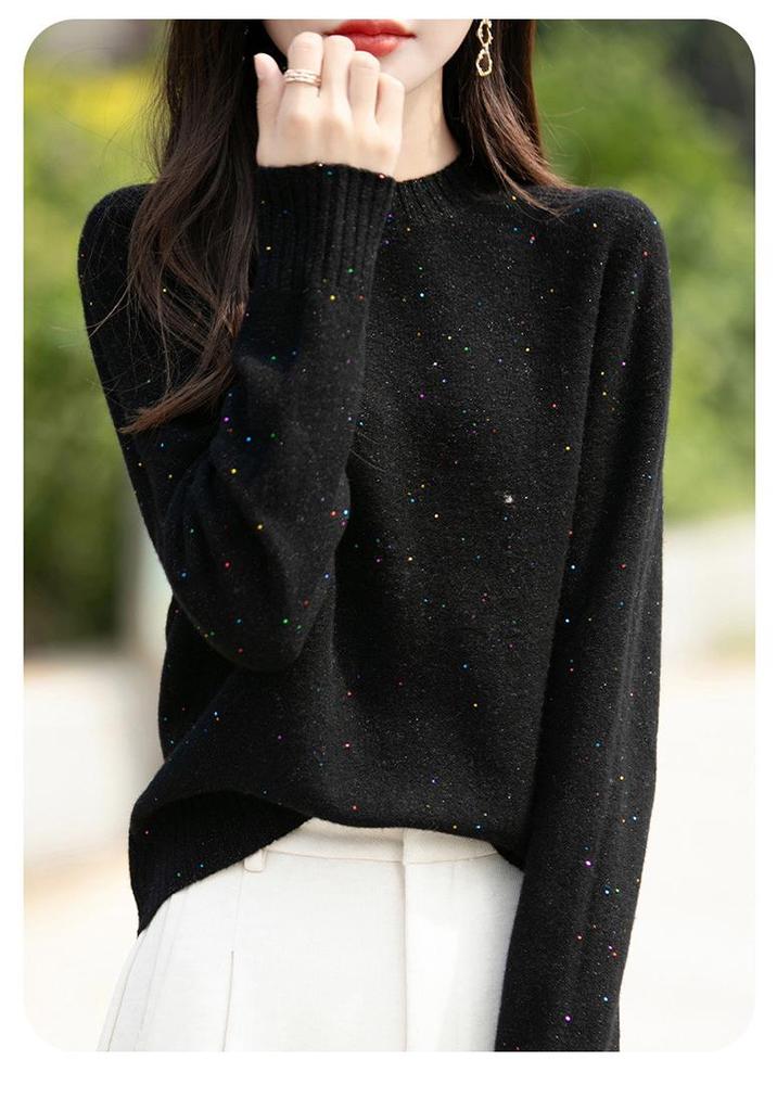 Retro Colorful Polka Dot Sequin Wool Sweater - Loose Fit, Round Neck, Warm for Autumn/Winter
