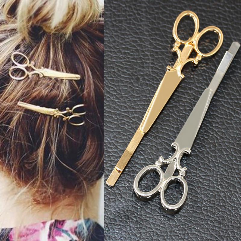 1x copricapo per capelli con fermaglio per capelli a forma di forbici dorate e argentate alla moda da donna