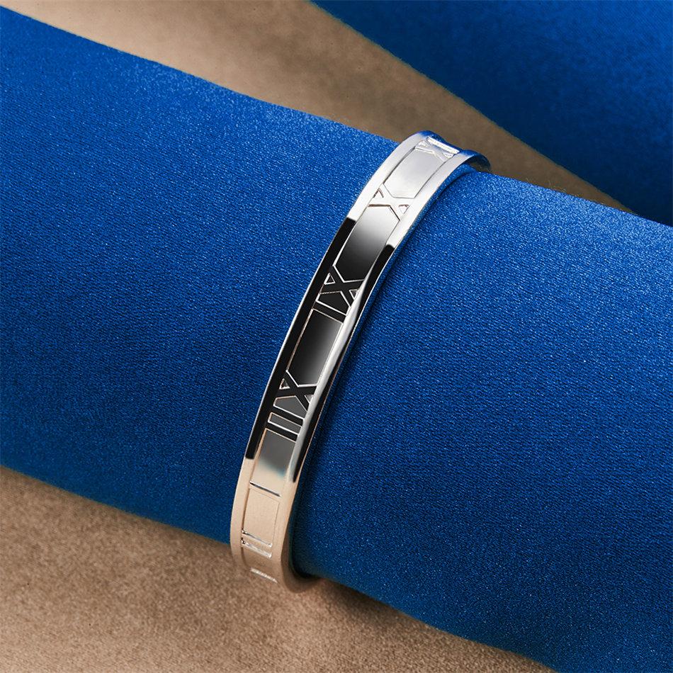 Charming 925 Sterling Silver Classic Roman Pattern Open Bangle for Women, Fashionable Wedding Party Jewelry