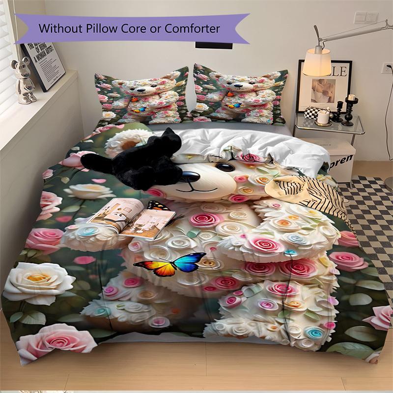 3pcs Floral Teddy Bear Bedding Set - Includes One Quilt Cover and Two Pillowcases (No Core) - Home Decor, Festival Gift, Polyester Fabric, A 135x200cm