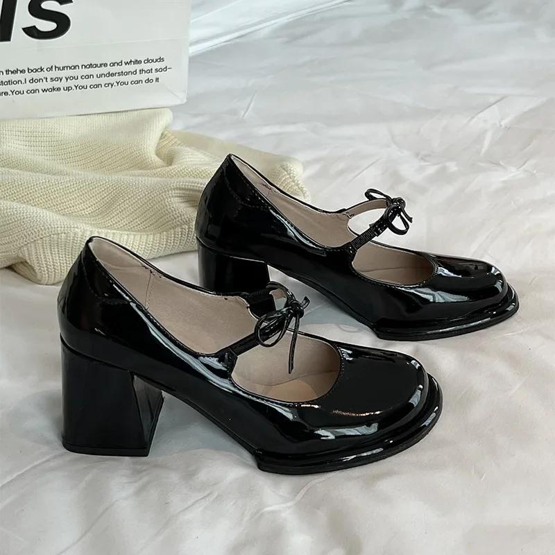 

New Bowknot Shallow Soft Sole Dress Shoes for Women High Heeled Mary Jane Single Shoes Ladies Thick Heel Ballet Shoes 39 чёрный