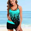 Women's Shoulder Strap Swimsuit Blue Hollowed Out Crown Print Bikini Tankini Swimsuit