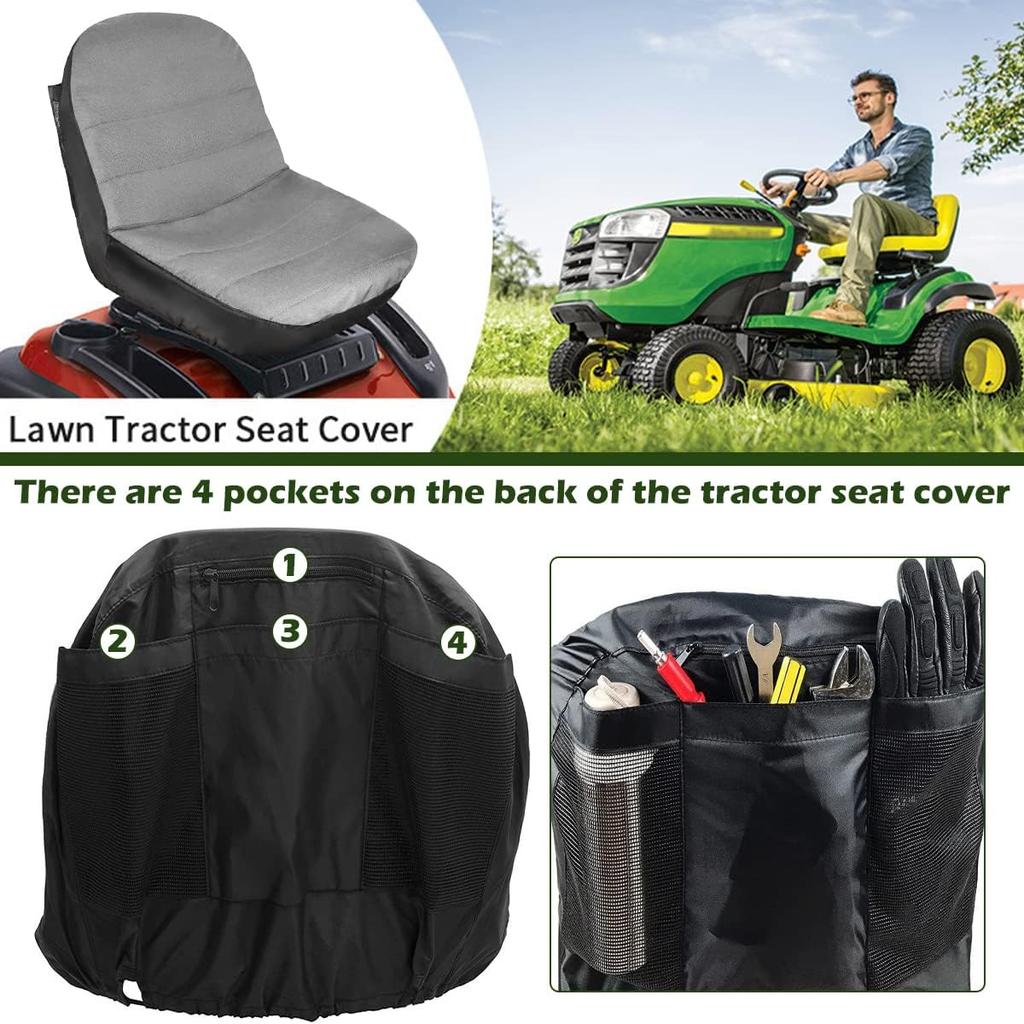 Tractor Seat Cover, 600D Oxford Cloth Waterproof Lawn Mower Seat Protector, Universal Riding Mower Seat Cover with Pocket for 12.5”-14”H Seats