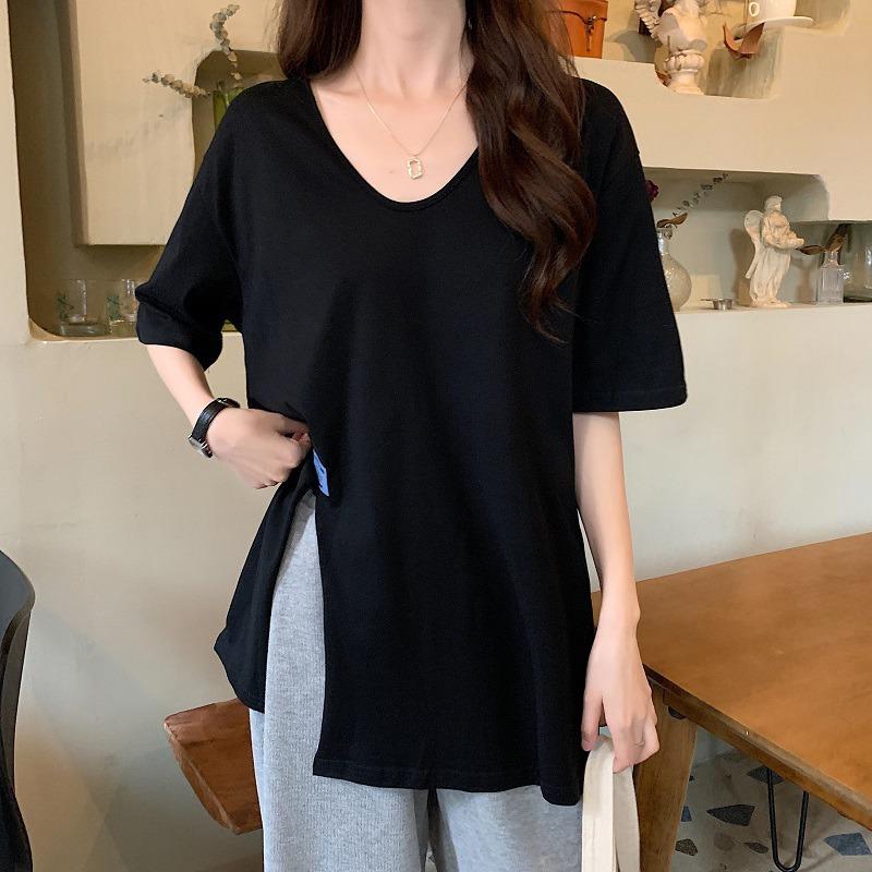 

Женская футболка с короткими рукавами и V-образным вырезом с разрезом на весну и лето, новая, средней длины, большого размера, с нерегулярным разрезом и рукавами до локтя XXL чёрный
