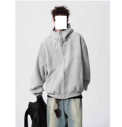 Heavy and Thickened Deconstruction Splicing Hooded Cardigan Sweater Men's and Women's Winter Trendy Design Sense Fleece Boxy Couple Jacket