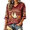 Women's Casual Halloween Print V-Neck T-Shirt for Holiday Party