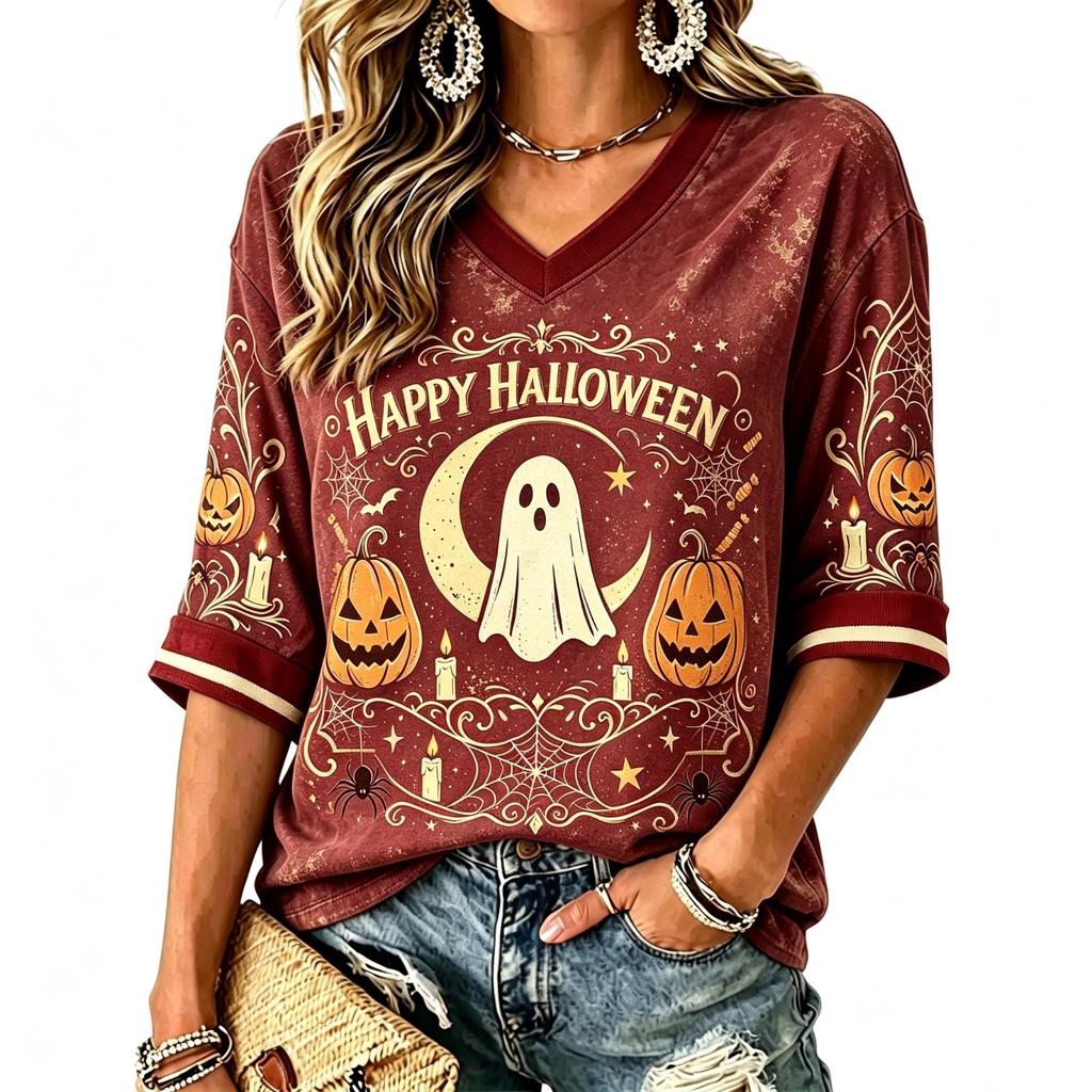 Women's Casual Halloween Print V-Neck T-Shirt for Holiday Party