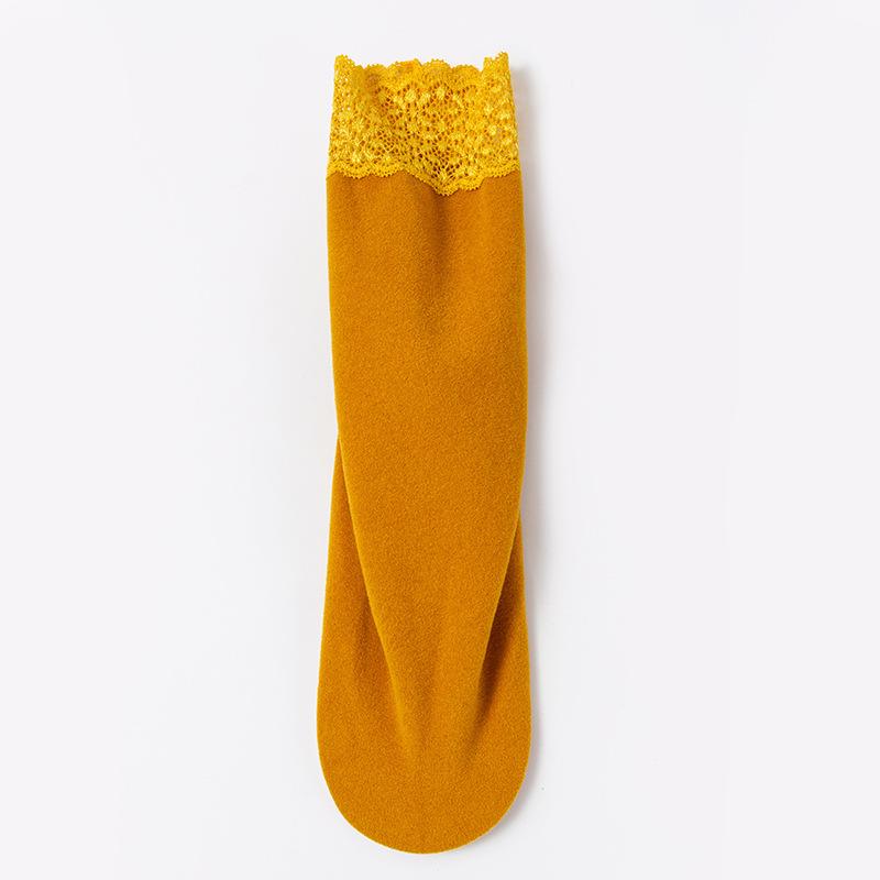 Women's Non-Slip Thermal Velvet Lace Trim Mid-Calf Socks - Cold-Resistant, Thickened Cotton for Autumn and Winter