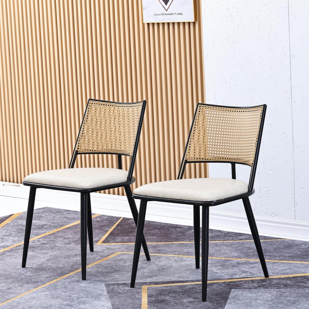 2 Dining Chairs, PU Seat, Rattan Backrest, Living Room, Bedroom Chair, Black