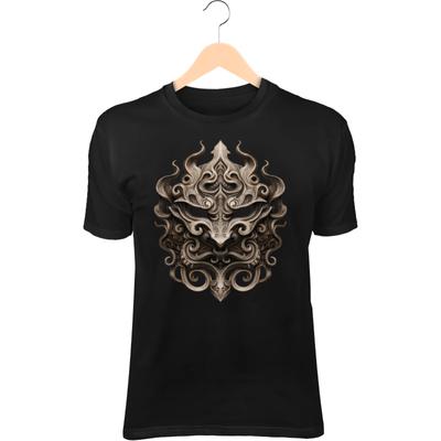 Bone Demon Mask T-Shirt – Symmetrical Tribal Design, Fire & Smoke Totem Art