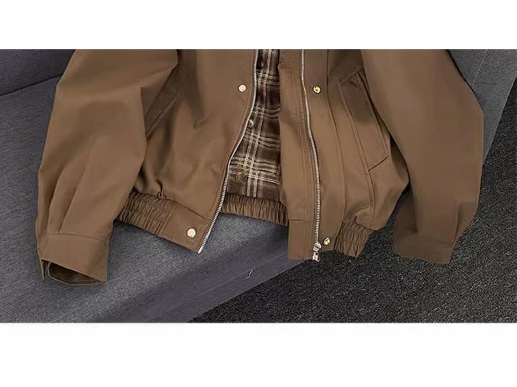 Men's Retro Plaid Patchwork Flight Jacket - Brown Casual Baseball Style