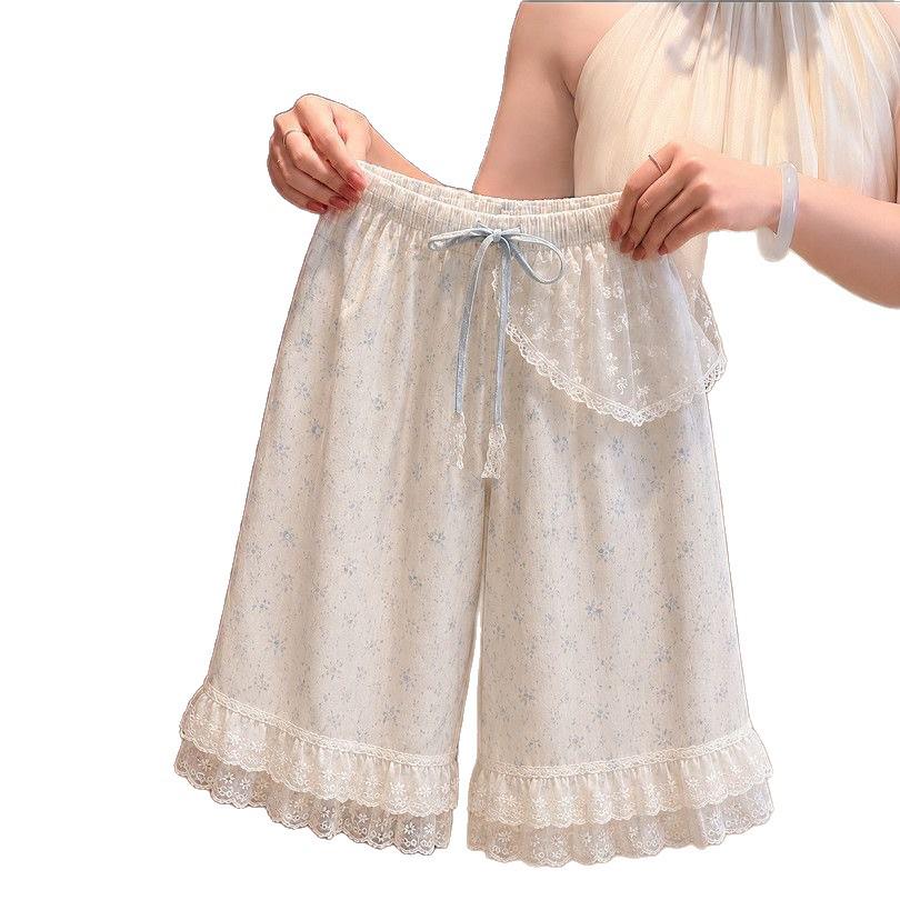 Girls' Floral Lace Trim Wide-Leg Cotton Pants - Summer Style