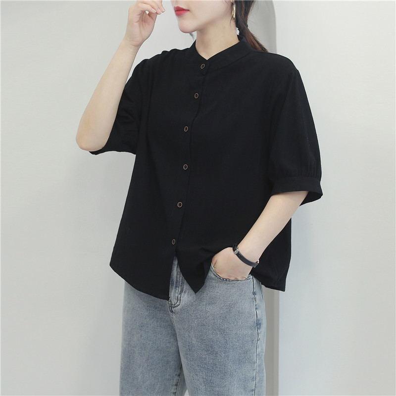 

Summer Women s Cotton and Hemp Shirt Lantern Sleeve Medium Sleeve Large Size Shirt for Women 3XL чорний