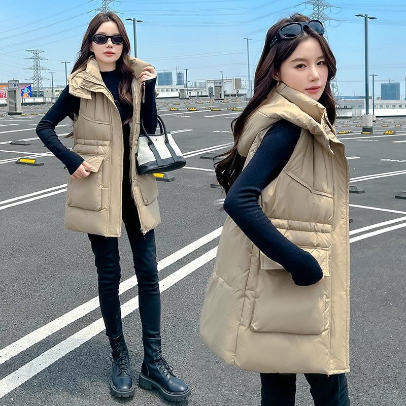 Women's down cotton medium and long cotton vest outer wear cotton vest loose warm waist drawstring vest
