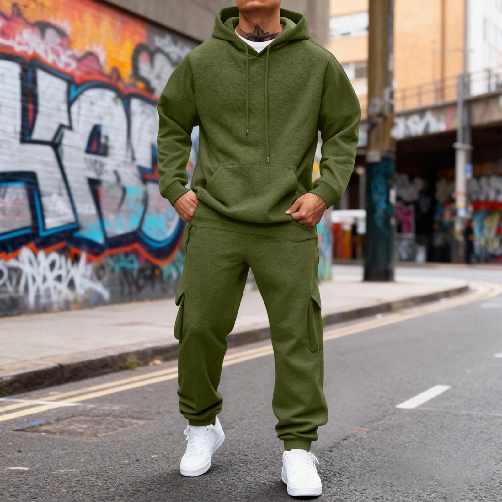 

Men s Fleece-Lined Thermal Two-Piece Tracksuit Set | Color Hoodie With Cargo Joggers & Elastic Waist For Casual Outdoor Activities L армия зеленый