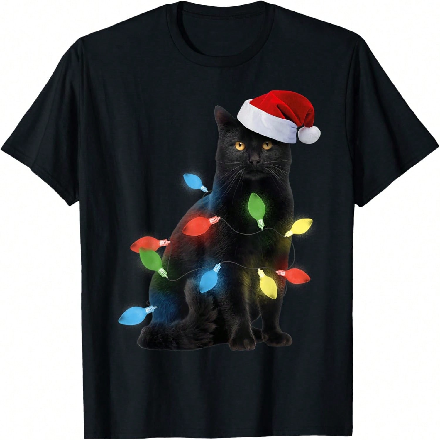 Black Cat Christmas Fairy Lights And Santa Claus Hat T-Shirt S разноцветный