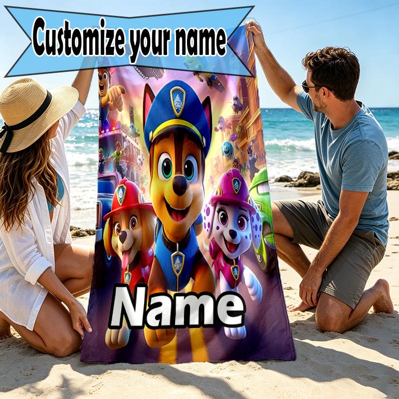 Asciugamano da Spiaggia Personalizzato con Nome e Stampa PAW Patrol, per Viaggio Campeggio Festa in Spiaggia Decorazione Casa, Regalo di Compleanno per Famiglia e Amici