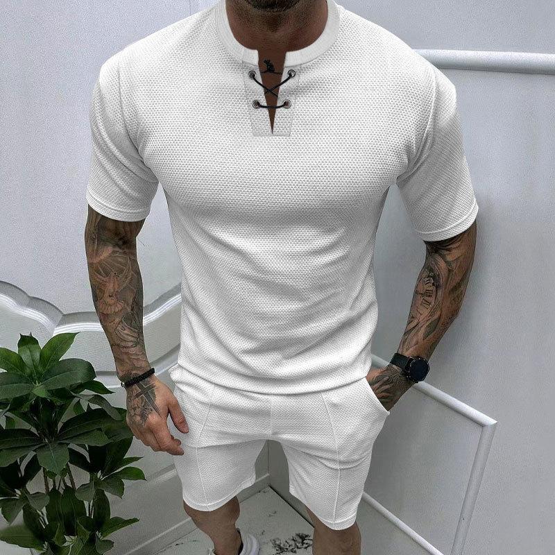 

Летний спортивный комплект для отдыха с короткими рукавами и облегающими шортами, завязанный веревкой, вафельный топ для мужчин, спортивная одежда для мужчин XL белый