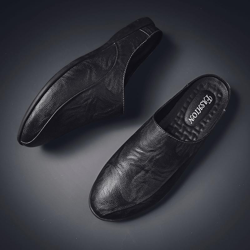 Half Drag Casual Sandals Shoes Summer Genuine Leather Men Half Slipper Breathable Slip On Loafers Comfortable Lazy Driving Shoes