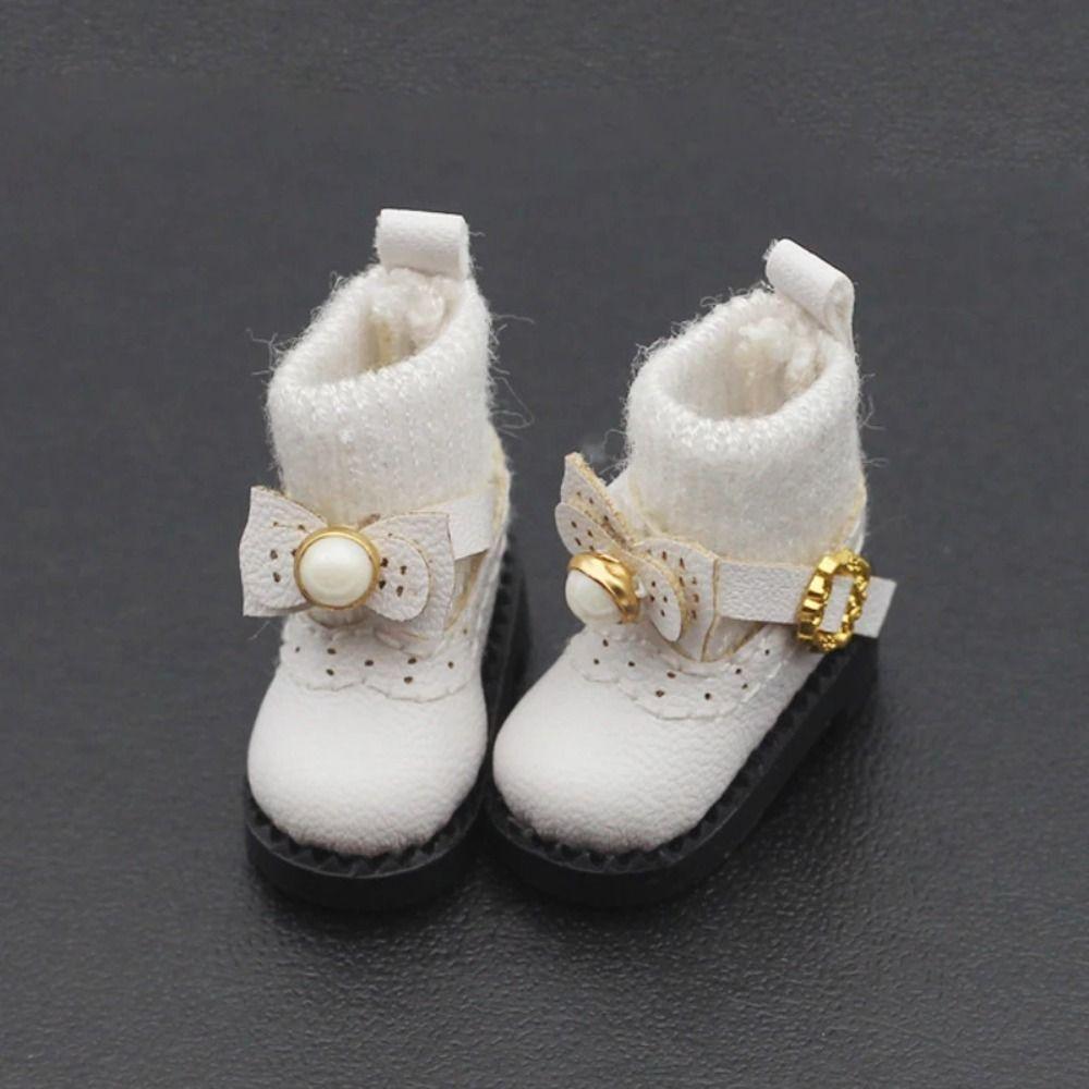 1 Pair Bow Tie 1/12 Bjd Doll Leather Shoes Golden Buttons 1/12 Bjd Doll Boots  Toys Accessories